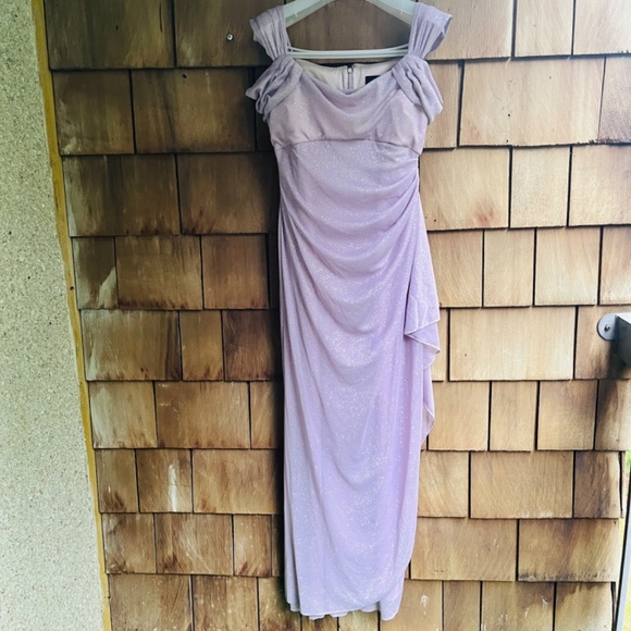 Alex Evening Cold Shoulder Glitter Mesh DustyRose Dress Draped Skirt Cowl Neck 6 - Picture 4 of 12